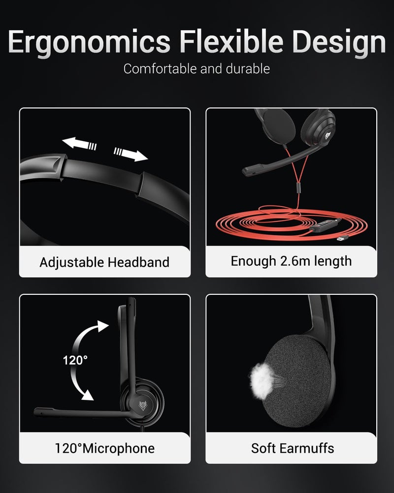 NUBWO NUBWO HW02 USB Computer Headset with Clear Chat Microphone, Lightweight On-Ear Wired Headset for MS Teams, Skype, Webinars, Call Center and More (Black)  - Image 4