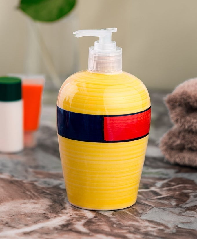 CERAMIC LONGLASTING LIQUID HANDWASH SOAP DISPENSER FOR BATHROOM HANDWASH BOTTLE FOR KITCHEN SOAP DISPENSER FOR WASH BASIN BATHROOM ACCESSORIES YELLOW MULTICOLOR 450ML