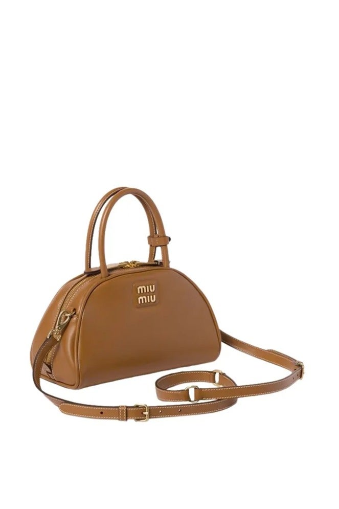 Miu Miu MIU Tan Metal Engraved Logo Leather Top-handle With Detachable Adjustable Crossbody Strap Gold-Tone  - Image 2