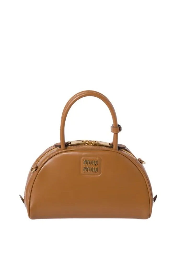 Miu Miu MIU Tan Metal Engraved Logo Leather Top-handle With Detachable Adjustable Crossbody Strap Gold-Tone  - Image 1
