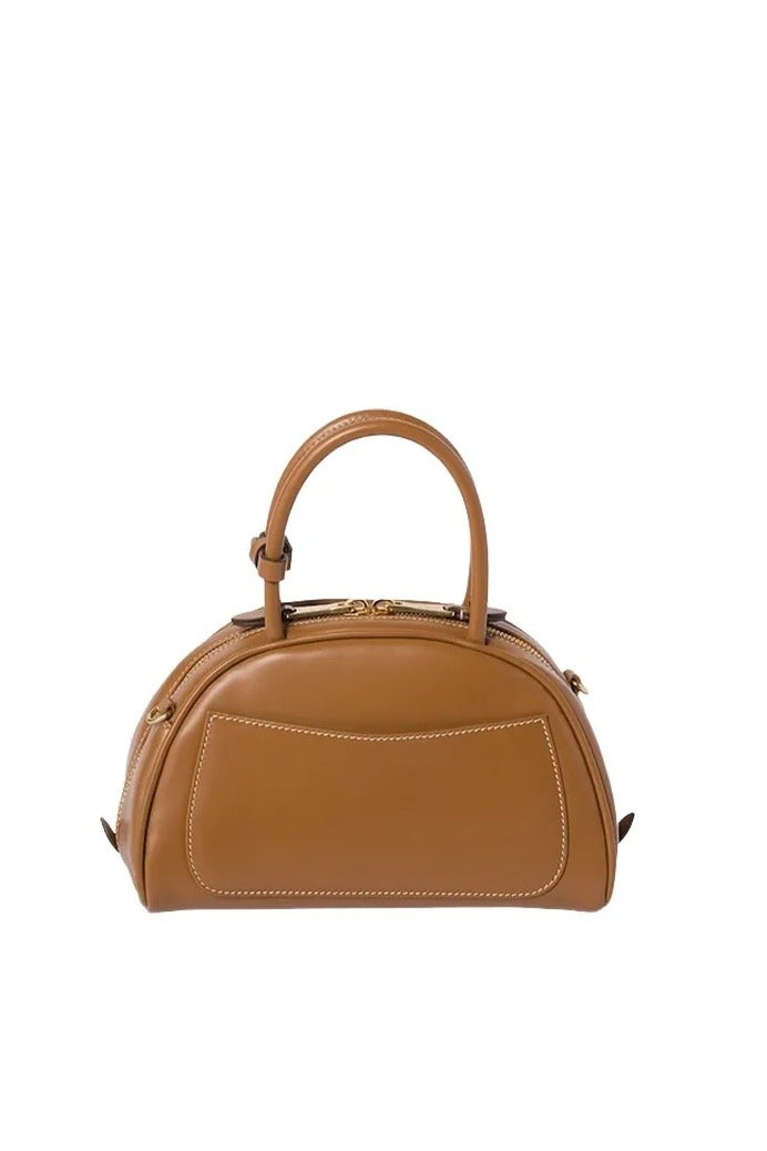 Miu Miu MIU Tan Metal Engraved Logo Leather Top-handle With Detachable Adjustable Crossbody Strap Gold-Tone  - Image 3