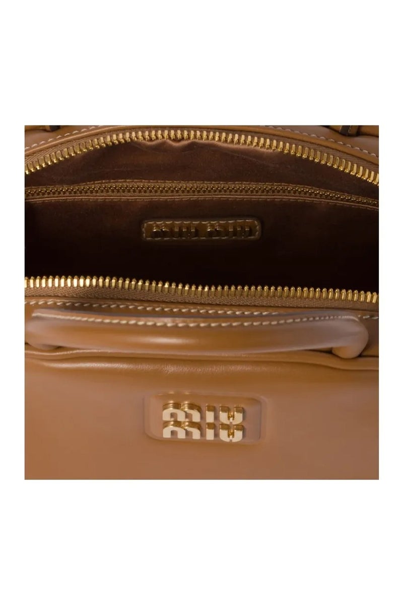 Miu Miu MIU Tan Metal Engraved Logo Leather Top-handle With Detachable Adjustable Crossbody Strap Gold-Tone  - Image 4