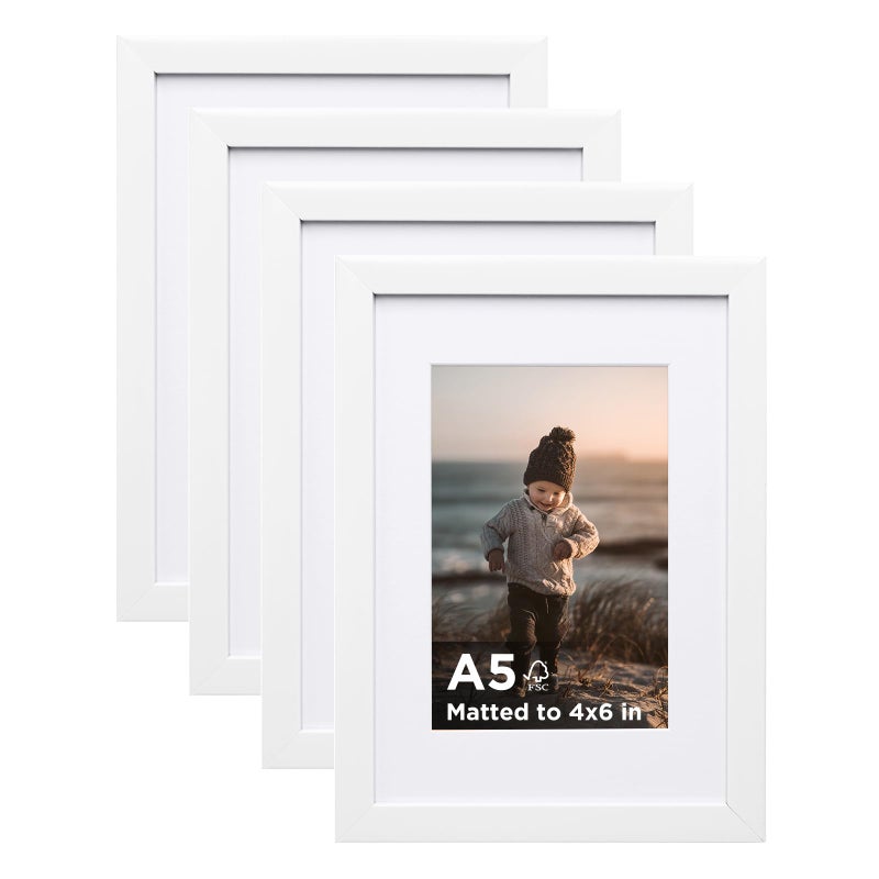 KINLINK A5 Picture Frame White Set of 4 Wooden Photo Frames Matted 4x6 with Plexiglass for 4x6 with Mat or A5 without Mat for Table and Wall Display