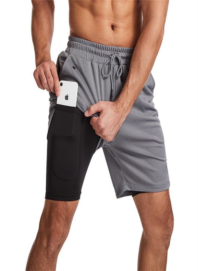 Loquat Men's 2-in-1 Quick Drying Casual Fitness Shorts Grey  - Image 1