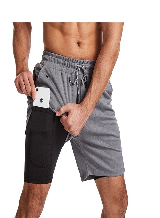 Loquat Men's 2-in-1 Quick Drying Casual Fitness Shorts Grey  - Image 2