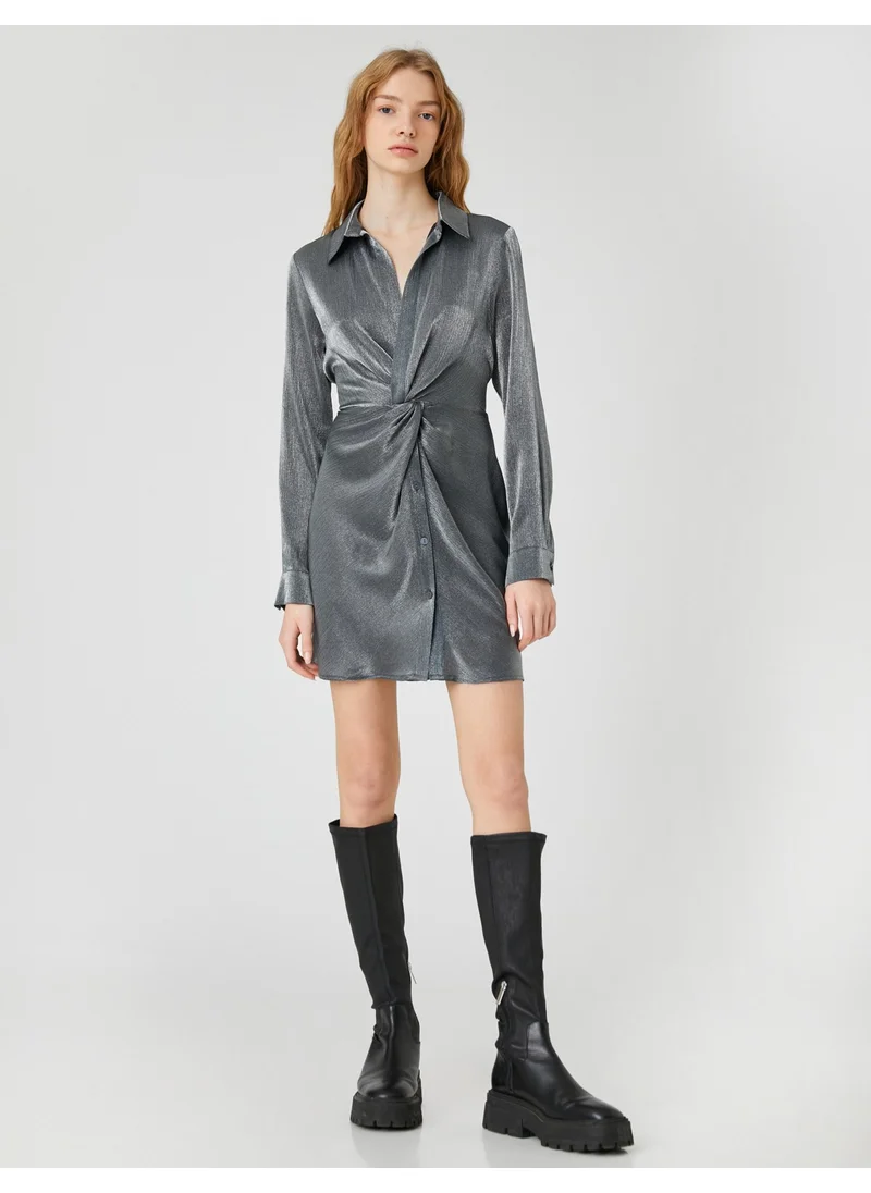 KOTON Cotton Mini Dress Front Knotted Jacquard Long Sleeve Shirt Collar