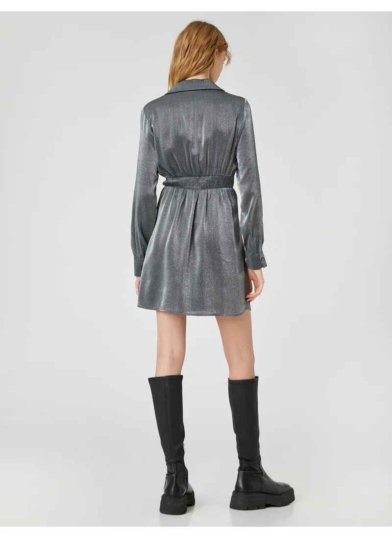 KOTON Cotton Mini Dress Front Knotted Jacquard Long Sleeve Shirt Collar