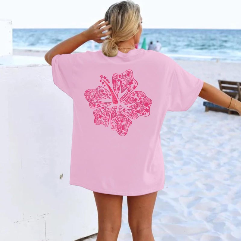 Lubpow Hawaiian T Shirts for Women Oversized Aesthetic Hibiscus Flower Beach Shirt Teens Preppy Tropical Graphic Tee Tops(Pink,S) - Image 4