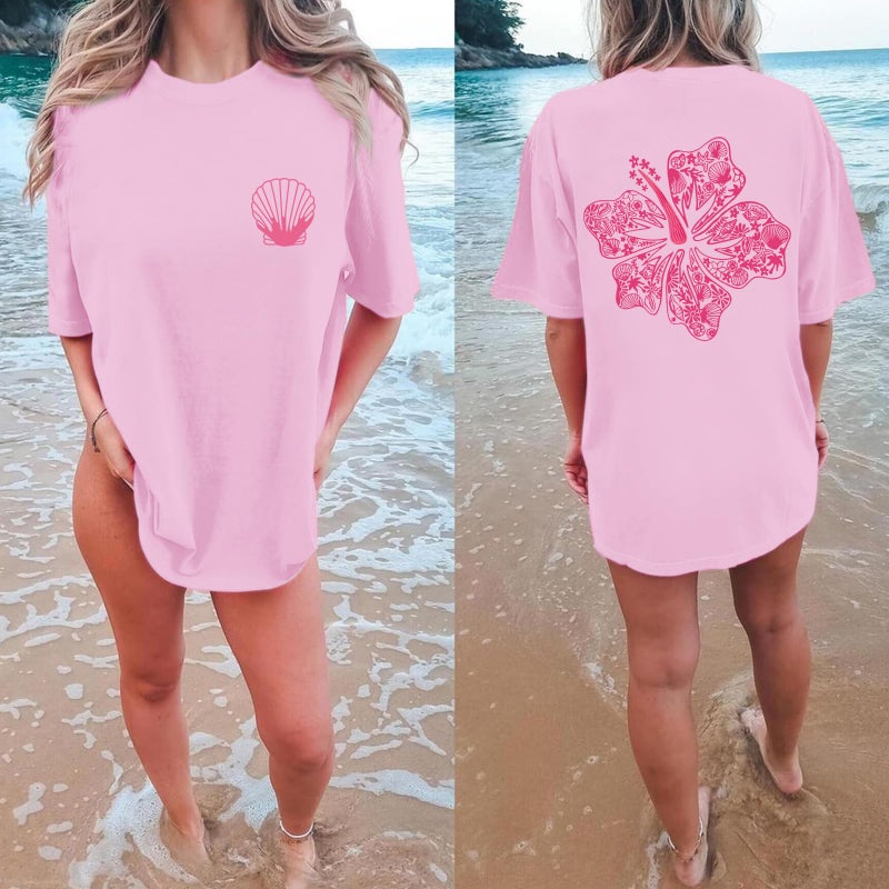 Lubpow Hawaiian T Shirts for Women Oversized Aesthetic Hibiscus Flower Beach Shirt Teens Preppy Tropical Graphic Tee Tops(Pink,S) - Image 2