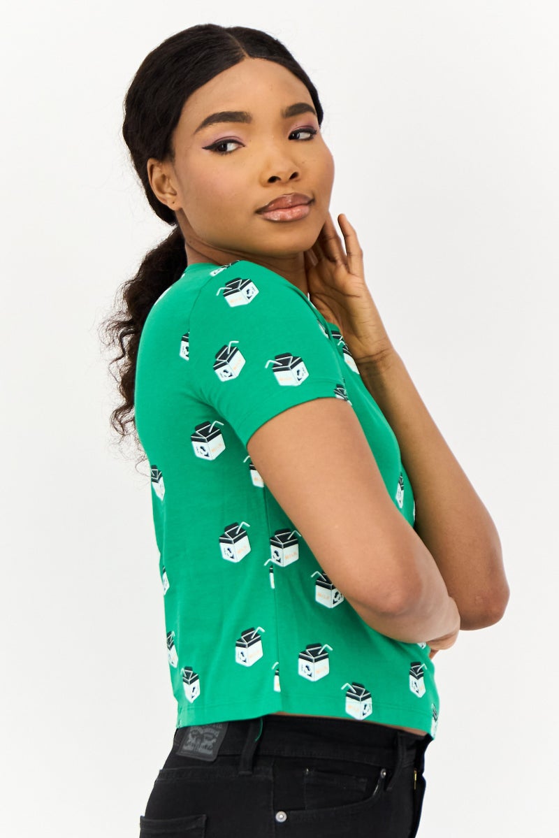 ONLY Women Crew Neck Short Sleeve Allover Print Crop Top, Multicolor - Image 3