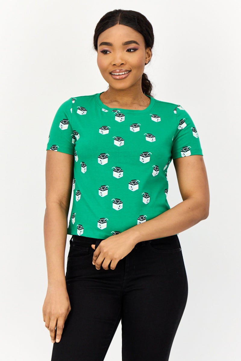 ONLY Women Crew Neck Short Sleeve Allover Print Crop Top, Multicolor - Image 1