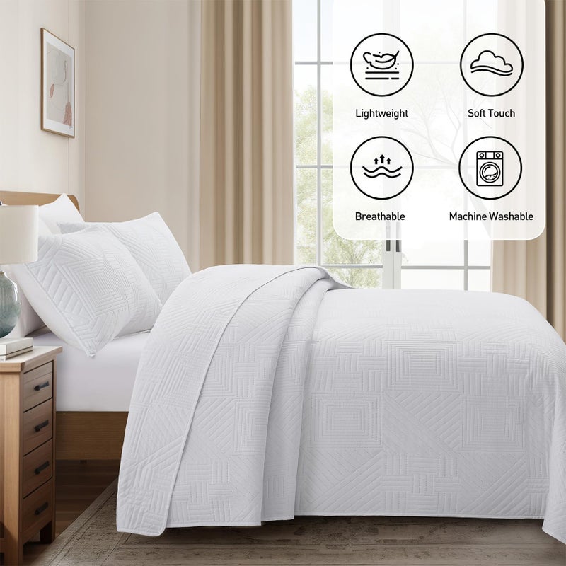 Lavsiry White Quilt Full/Queen Size with Pillow Shams, Summer Soft Geometric Pattern Bedspread, 3 Pieces Lightweight Coverlet Bedding Set for All Seasons - Image 3