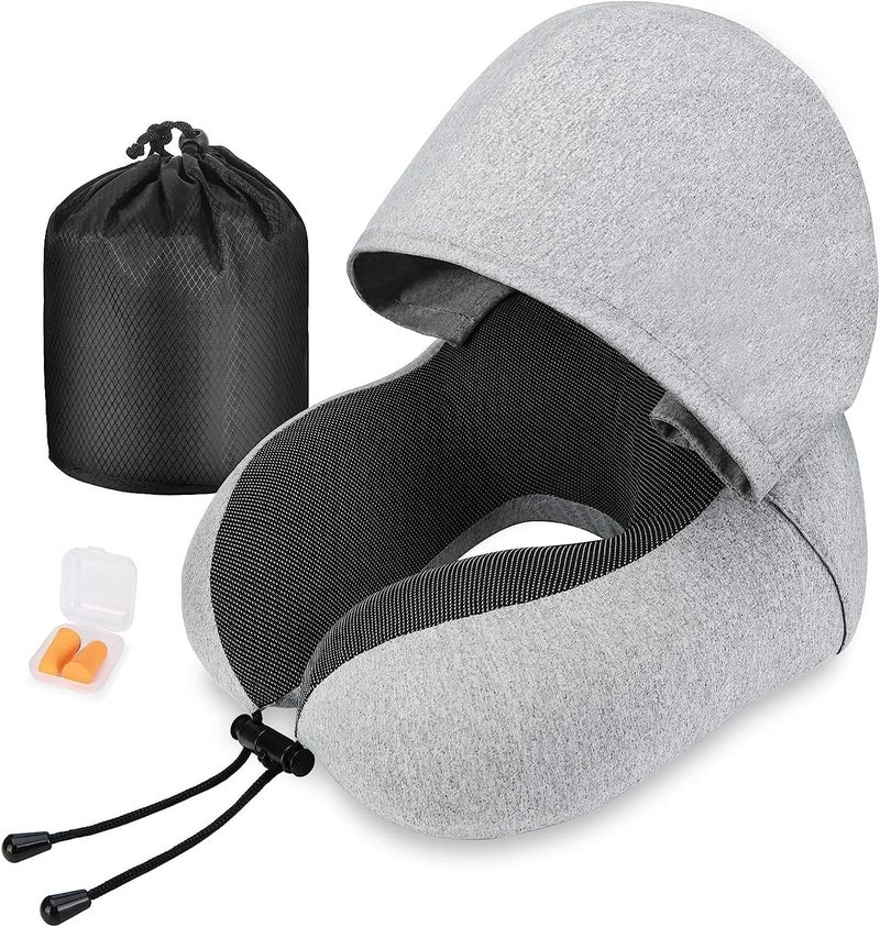 Jukkre Jukkre Comfortable Neck Pillow for Travel with Hoodie Flight Pillow Airplane Pillow Travel Cushion for Plane Car Train Hooded Travel Neck Pillow for Adults Travel Pillow for Neck Memory Foam  - Image 1