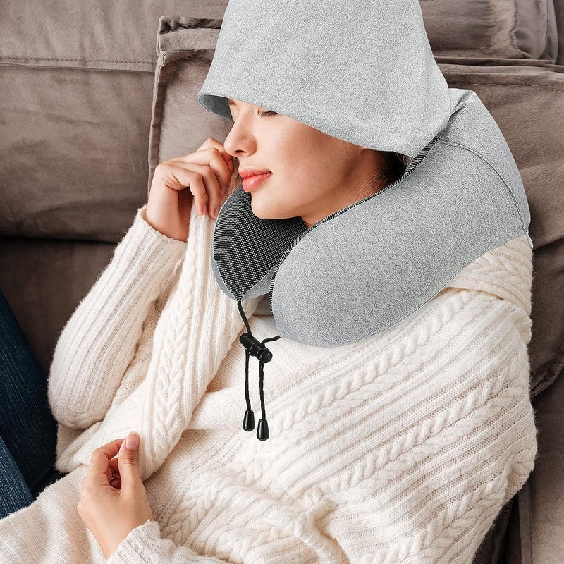 Jukkre Jukkre Comfortable Neck Pillow for Travel with Hoodie Flight Pillow Airplane Pillow Travel Cushion for Plane Car Train Hooded Travel Neck Pillow for Adults Travel Pillow for Neck Memory Foam  - Image 4