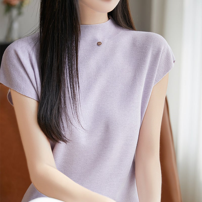 Summer Worsted Wool Flying Sleeve Self-Led Knitted Short-Sleeved T-Shirt Women'S Solid Color Sleeveless Top Base Half-High Collar - Image 2