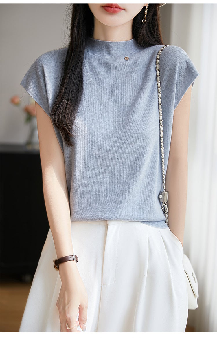 Summer Worsted Wool Flying Sleeve Self-Led Knitted Short-Sleeved T-Shirt Women'S Solid Color Sleeveless Top Base Half-High Collar - Image 1