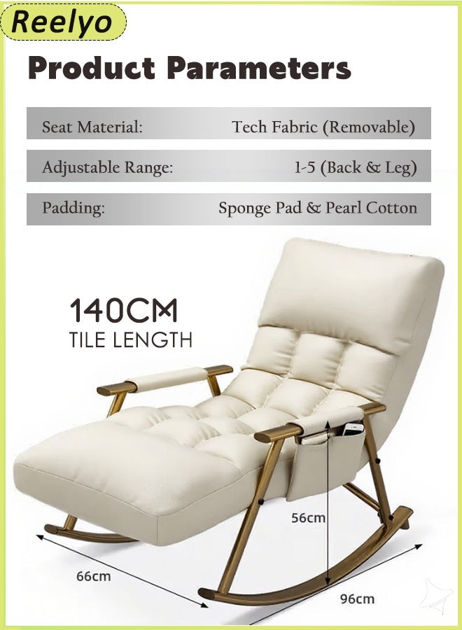 Reelyo Rocking Chair High Back 5-Levels Upholstered Recliner Chair Modern Style Rocking Armchair Adjustable Legs & Back Lounge Chair With Padded Rocking Chair With Armrests Storage Bag Modern Lounger Accent Sofa Home Leisure Adjustable 140x66x56 Cm For Nursery, Living Room, Bedroom Ounge Living Room Bedroom Patio Garden White - Image 2