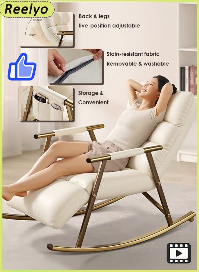 Reelyo Rocking Chair High Back 5-Levels Upholstered Recliner Chair Modern Style Rocking Armchair Adjustable Legs & Back Lounge Chair With Padded Rocking Chair With Armrests Storage Bag Modern Lounger Accent Sofa Home Leisure Adjustable 140x66x56 Cm For Nursery, Living Room, Bedroom Ounge Living Room Bedroom Patio Garden White - Image 1