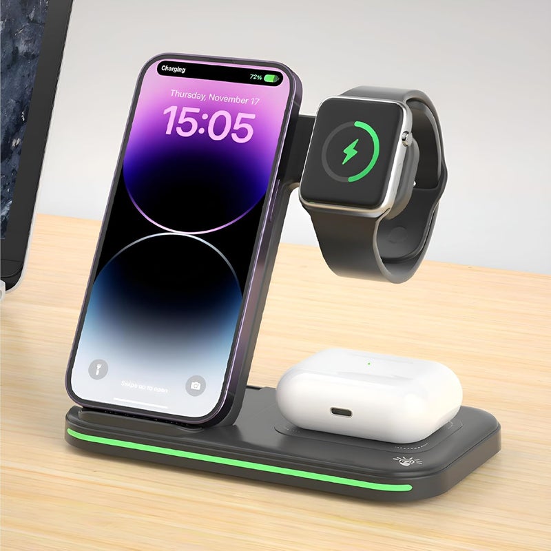 3in1 Wireless Charging Station for iPhone Apple Watch  AirPods  by MMOBIEL  15W Fast Charger Dock with Magnetic Foldable Design  Black
