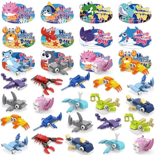 Celltestria 30pcs Valentines Building Blocks Valentines Day Gifts Toys for Kids Marine Animals Building Toys with Cards for Boy Girl Classroom School Gifts Exchange Prizes Valentine Party Favors - Image 1