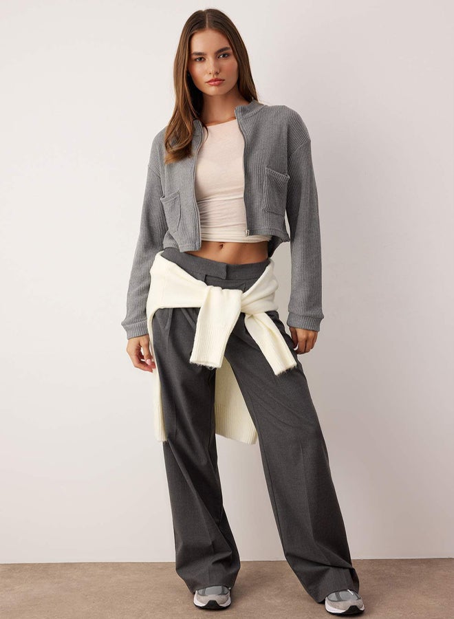 trendyol Gray Melange Zippered Collar Pocket Detail Regular/Normal Fit Cropped/Short Jacket - Image 2
