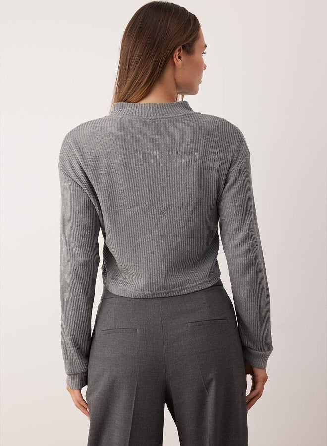 trendyol Gray Melange Zippered Collar Pocket Detail Regular/Normal Fit Cropped/Short Jacket - Image 4