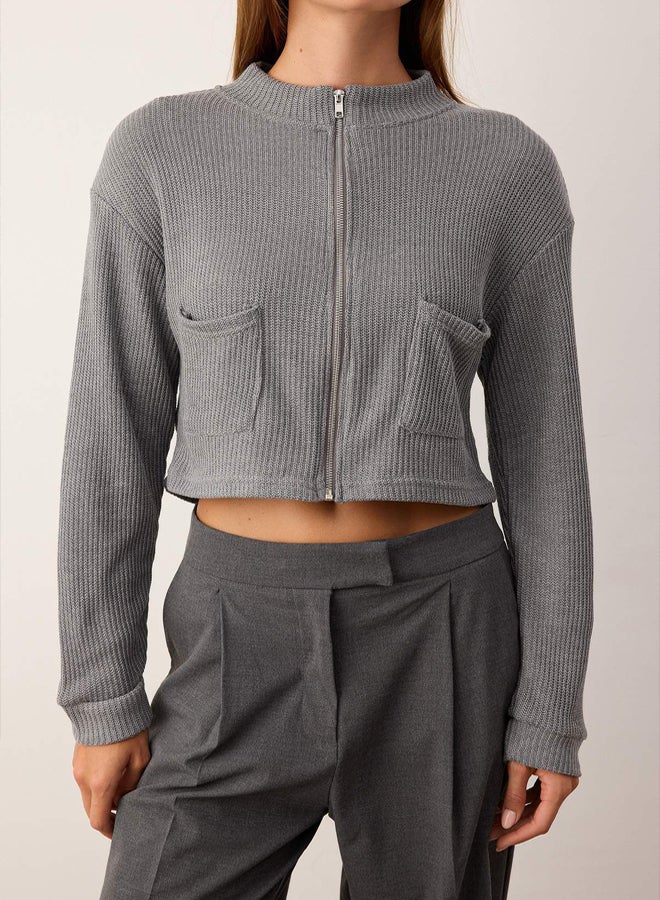 trendyol Gray Melange Zippered Collar Pocket Detail Regular/Normal Fit Cropped/Short Jacket - Image 3