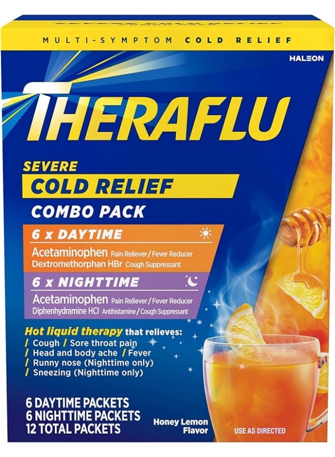 Theraflu Combo Daytime and Nighttime Severe Cold Relief Powder Honey Lemon Flavor 12 Count 6 Daytime 6 Nighttime - Image 1