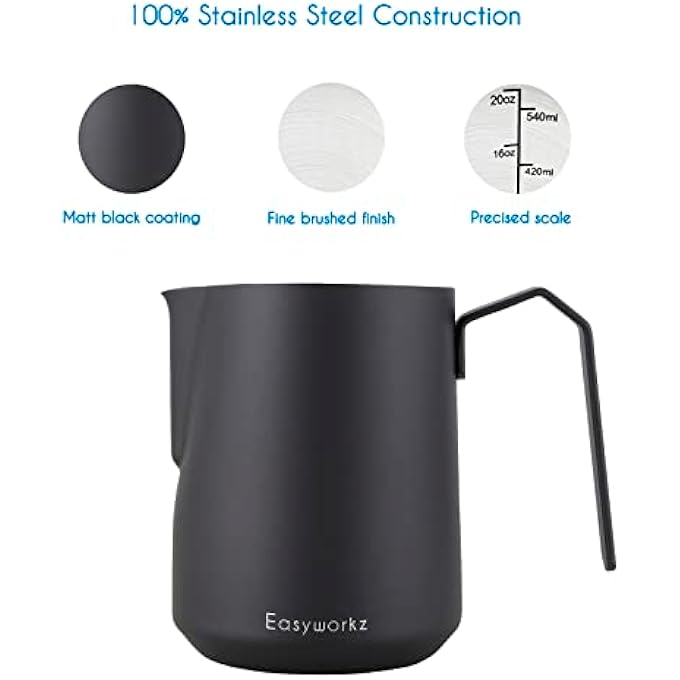 EASYWORKZ Espresso Steaming Pitcher Stainless Steel 600 Ml Coffee Frothing Picther Milk Jug Cappuccino Latte Art Cup Black - Image 3