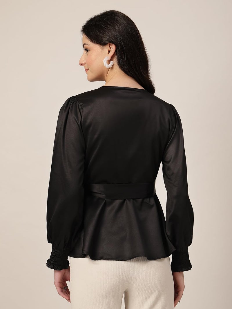 Style Quotient Women Solid Black Satin Regular Fit Smart Casual Top - Image 4