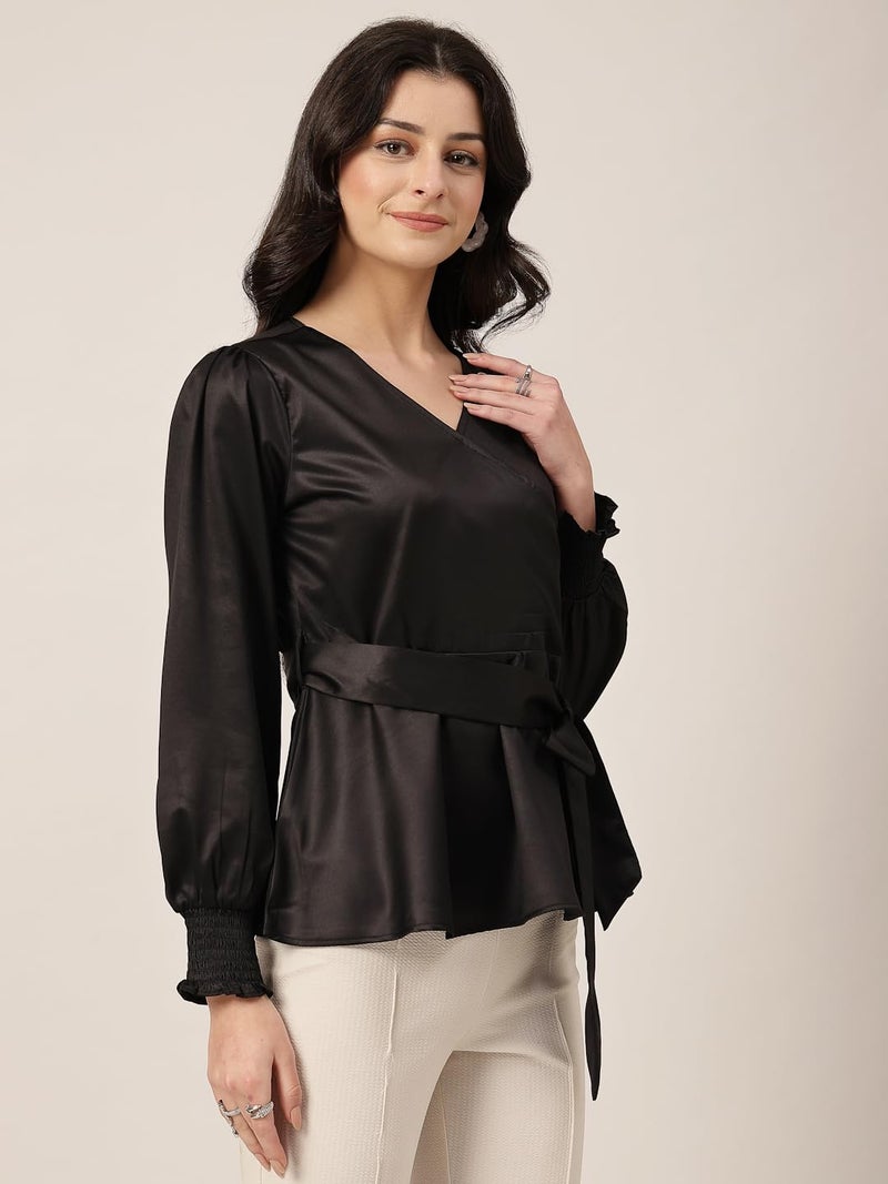 Style Quotient Women Solid Black Satin Regular Fit Smart Casual Top - Image 3