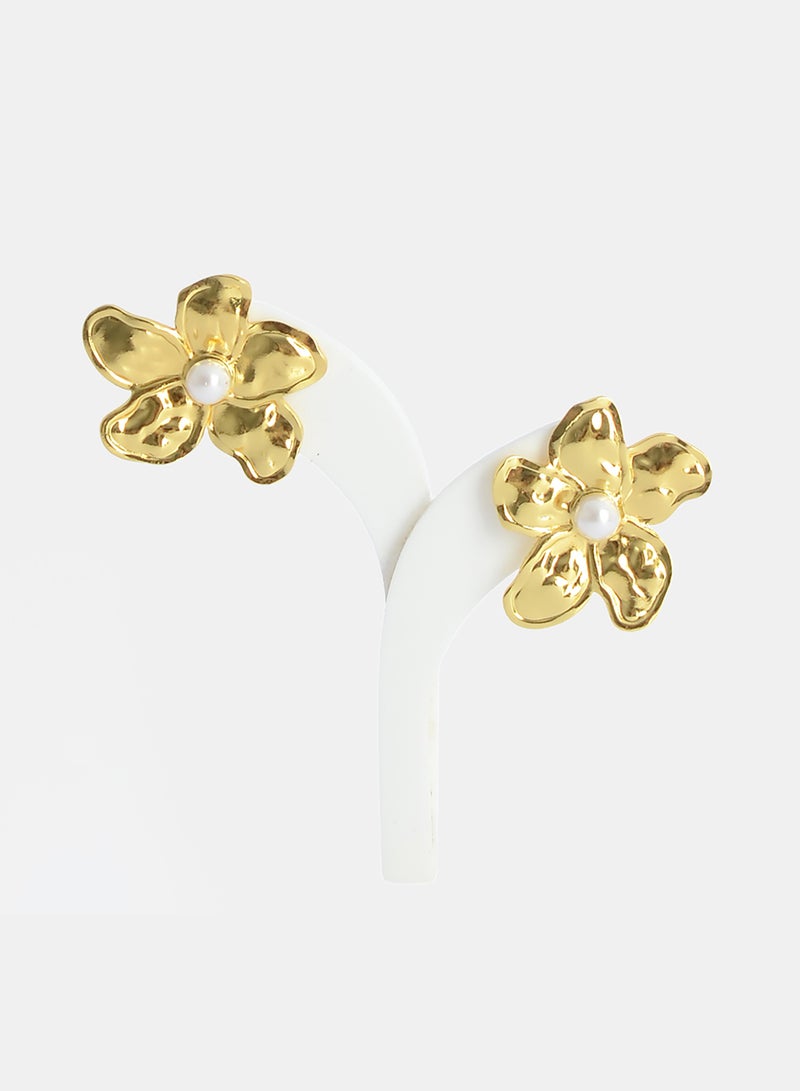 Akher el Ankoud Large Rose-Shaped Earrings With A Pearl Stone And A Screw-In Design - Earrings Decorated With Raised Patterns - Image 1