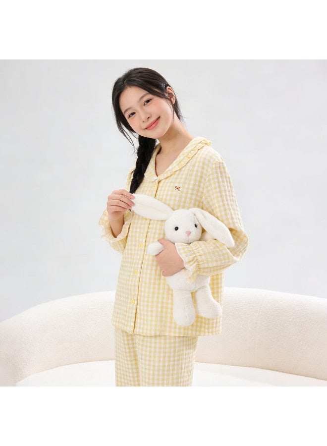 Top melon Dingguagua Dingguagua Women's Pure Cotton Spring Summer Youth Gauze Pajamas Yellow Plaid 165 - Image 1