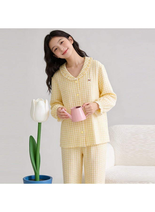 Top melon Dingguagua Dingguagua Women's Pure Cotton Spring Summer Youth Gauze Pajamas Yellow Plaid 165 - Image 2