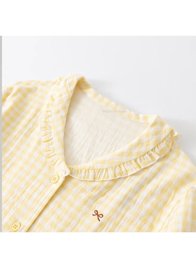 Top melon Dingguagua Dingguagua Women's Pure Cotton Spring Summer Youth Gauze Pajamas Yellow Plaid 165 - Image 4