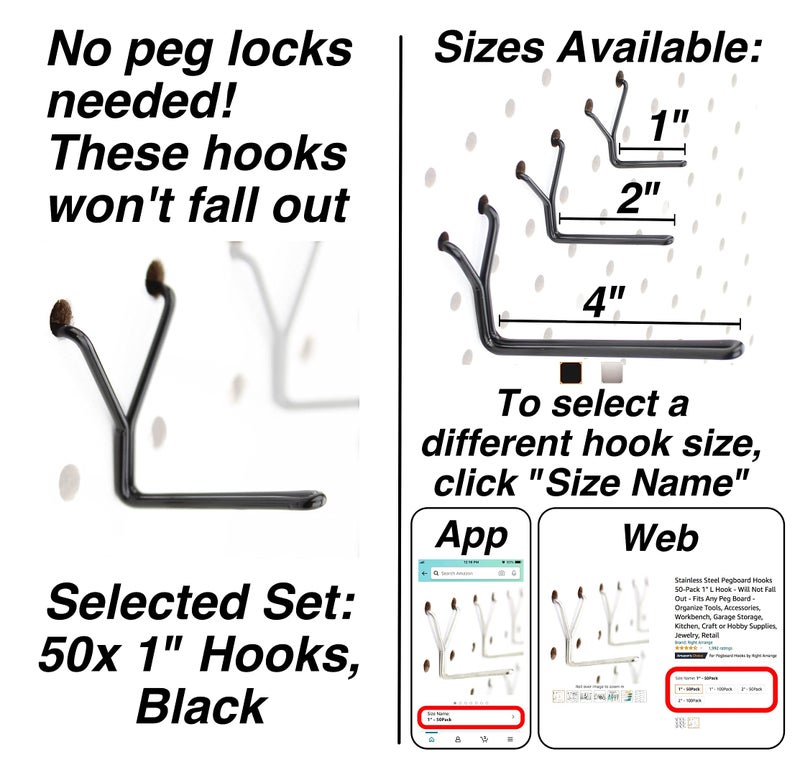 Right Arrange Steel Pegboard Hooks 50-Pack 1" L Hook, Black - Will Not Fall Out, Fits Any Peg Board - Organize Tools, Accessories, Workbench, Garage Storage, Kitchen, Crafts, Jewelry, Retail - Image 2