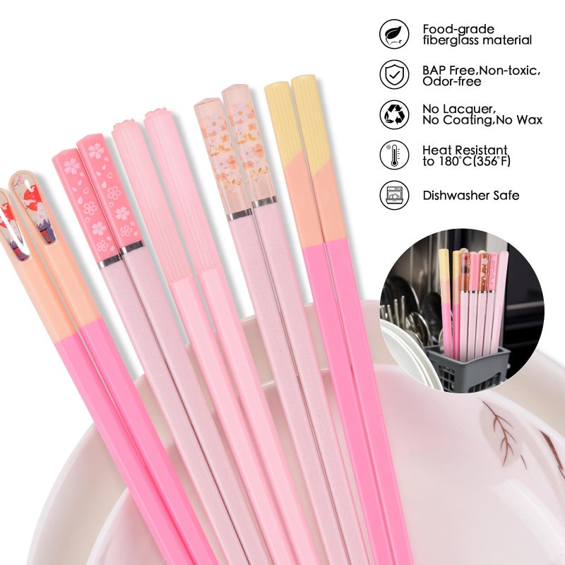 GLAMFIELDS Chopsticks Reusable Dishwasher Safe, GLAMFIELDS 5 Pairs 9.5 Inches Premium Chop Sticks Set for Sushi, Ramen, Asian Cuisine, Matte Non-slip with Gift Case, Pink - Image 4