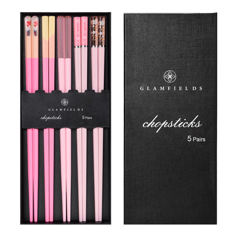 GLAMFIELDS Chopsticks Reusable Dishwasher Safe, GLAMFIELDS 5 Pairs 9.5 Inches Premium Chop Sticks Set for Sushi, Ramen, Asian Cuisine, Matte Non-slip with Gift Case, Pink - Image 1