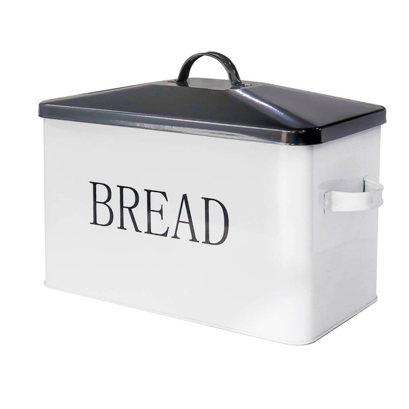 SOTECH Metal Bread Box with Lid for Kitchen Countertop Large Bread Bin kitchen Bread Food Snacks Storage Container Farmhouse BreadBox Grey Lid White Body with Side Handles - Image 1
