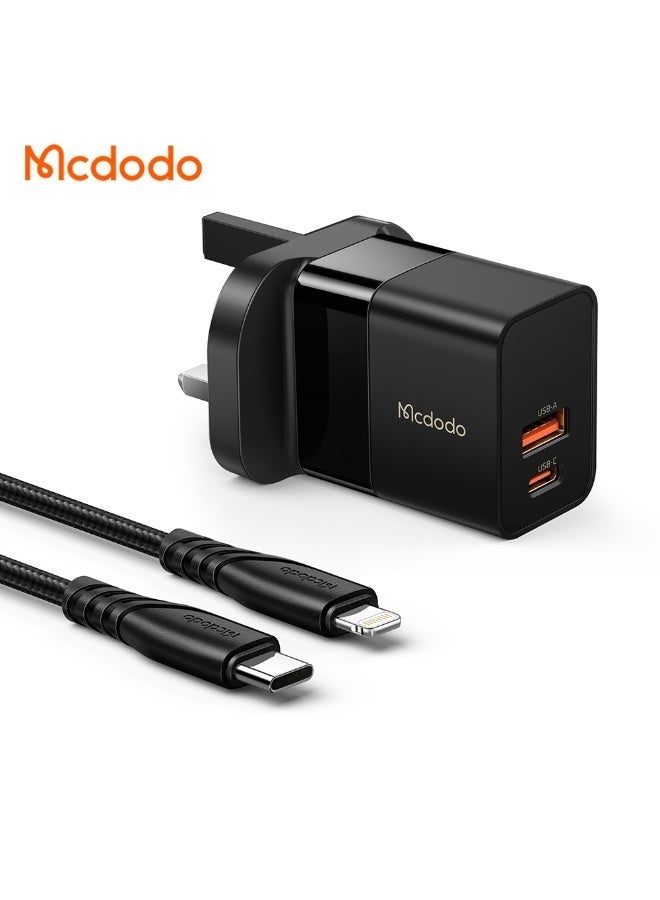 مكدودو شاحن سريع Mcdodo بقوة 33 واط بمنفذين (USB-C PD + USB-A) مع كابل تايب سي، قابس بريطاني - أسود - Image 1