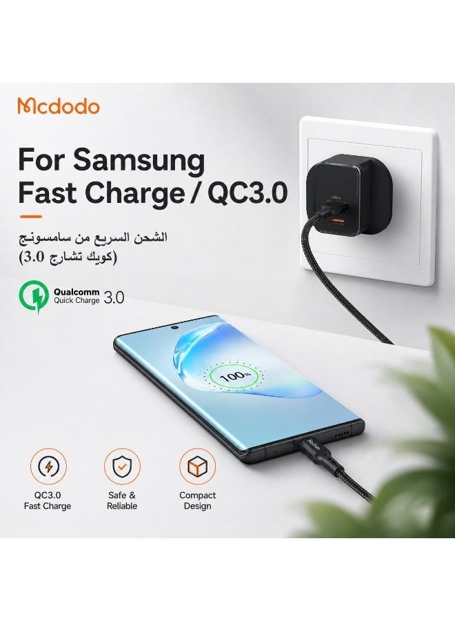 مكدودو شاحن سريع Mcdodo بقوة 33 واط بمنفذين (USB-C PD + USB-A) مع كابل تايب سي، قابس بريطاني - أسود - Image 2