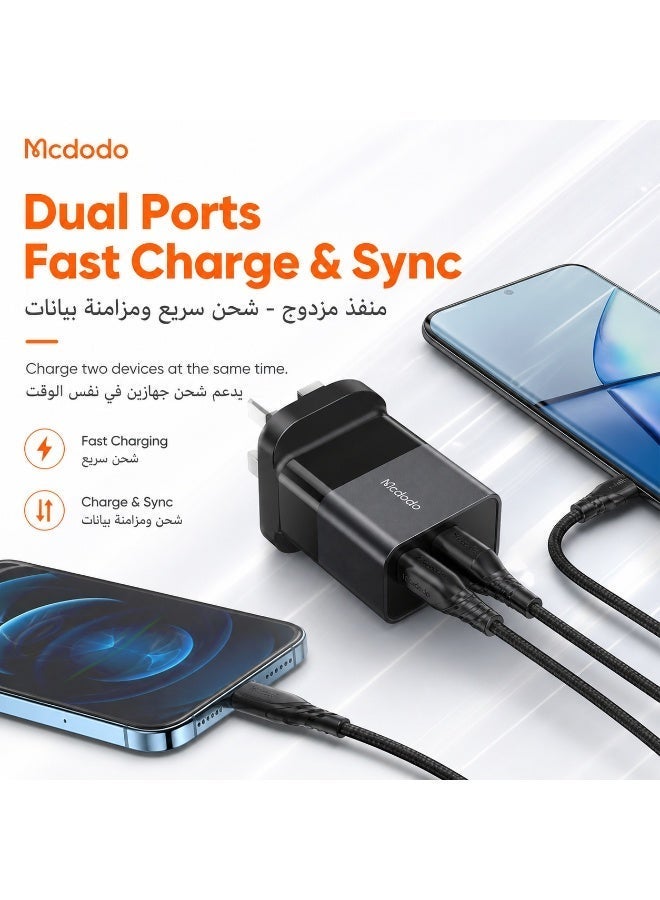 مكدودو شاحن سريع Mcdodo بقوة 33 واط بمنفذين (USB-C PD + USB-A) مع كابل تايب سي، قابس بريطاني - أسود - Image 3