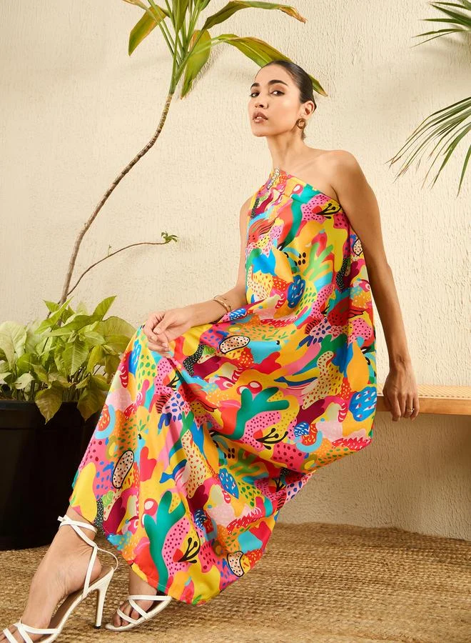 أبتاوني فستان كريب بطول غير متماثل مع كتف واحد