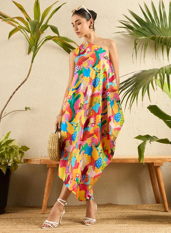 أبتاوني فستان كريب بطول غير متماثل مع كتف واحد