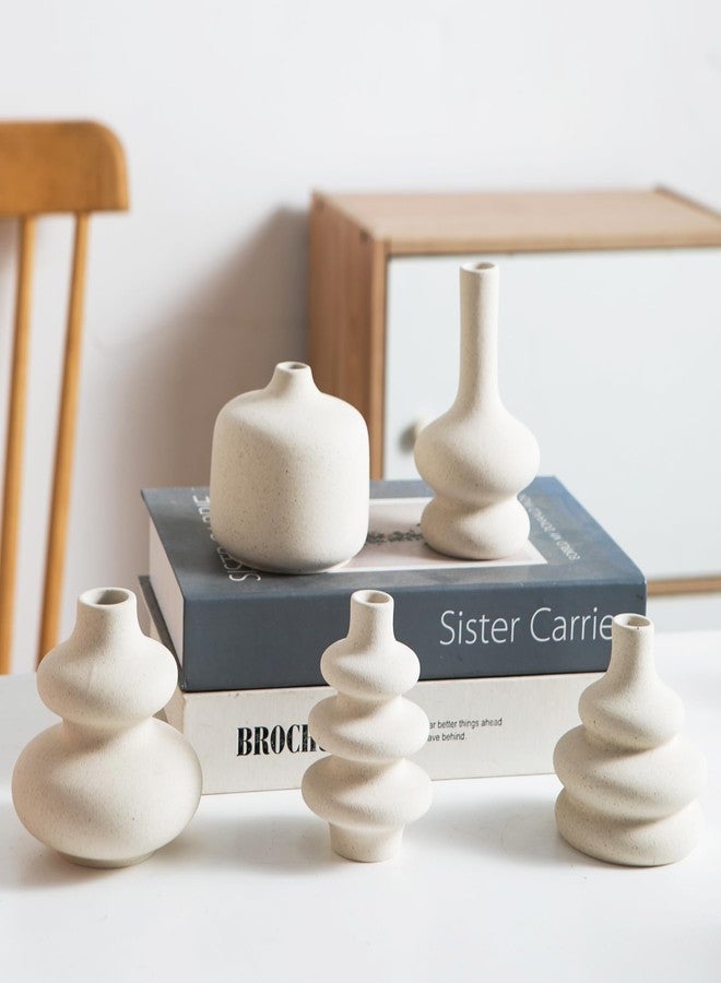 Tenforie Small Ceramic Vase Set 5, Modern Vases, Bud Vase, Boho Decorative Vase for Fireplace, Entryway and Living Room, Centerpiece Table Decorations - White Ceramic Vases - Image 1