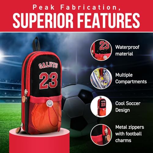Dravina Polyester Large Capacity Pencil Pouch with 3 Zippers&5 Compartments-Waterproof Standing Pencil Case with Metal Football Charm&Coin Pouch|Aesthetic Stationary for Kids (Saute),Multicolour - Image 4
