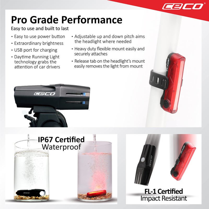 CECO-USA: 1000 Lumen Headlight & 80 Lumen COB LED Tail Light for Cyclists who Want to See far & to be seen from Super Wide Angle. Brightest USB Rechargeable Bike Light Set Available for All Cyclists - Image 5