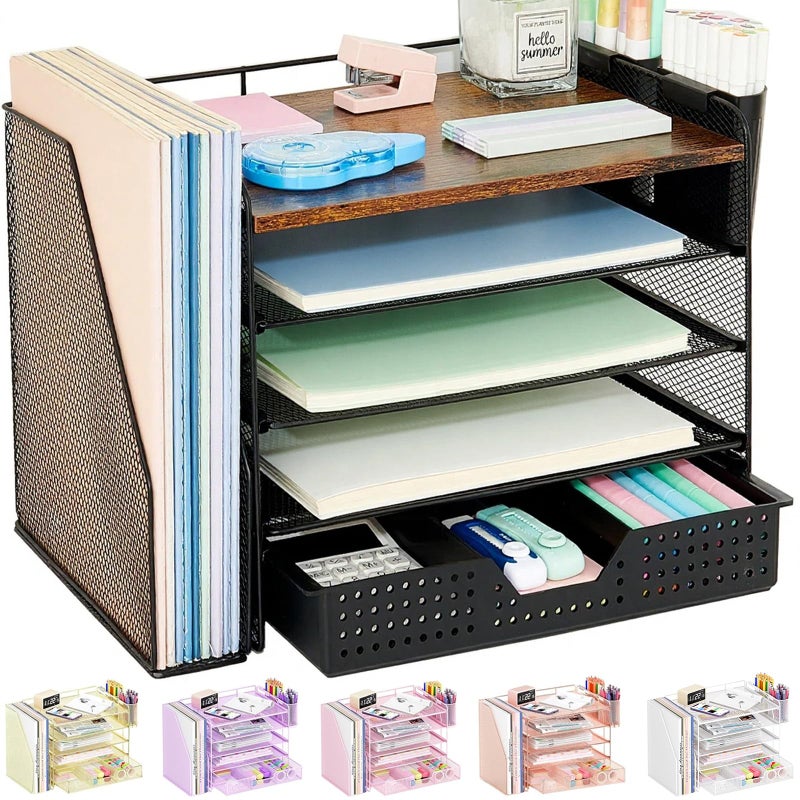OPNICE Desk Organizer, 5-Tier Paper File Organizer with Drawer & Pen Holder, Office Desk Accessories, Workspace Desktop Organizer for Office Supplies(Brown Wood) - Image 1
