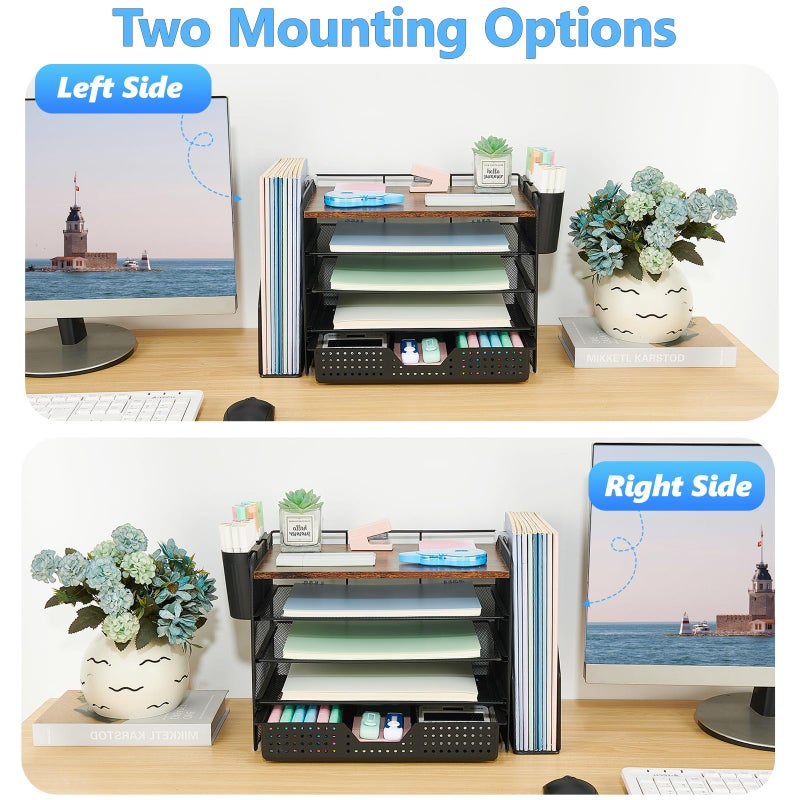 OPNICE Desk Organizer, 5-Tier Paper File Organizer with Drawer & Pen Holder, Office Desk Accessories, Workspace Desktop Organizer for Office Supplies(Brown Wood) - Image 5