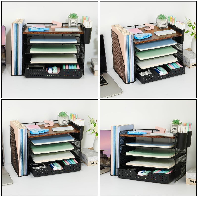 OPNICE Desk Organizer, 5-Tier Paper File Organizer with Drawer & Pen Holder, Office Desk Accessories, Workspace Desktop Organizer for Office Supplies(Brown Wood) - Image 4